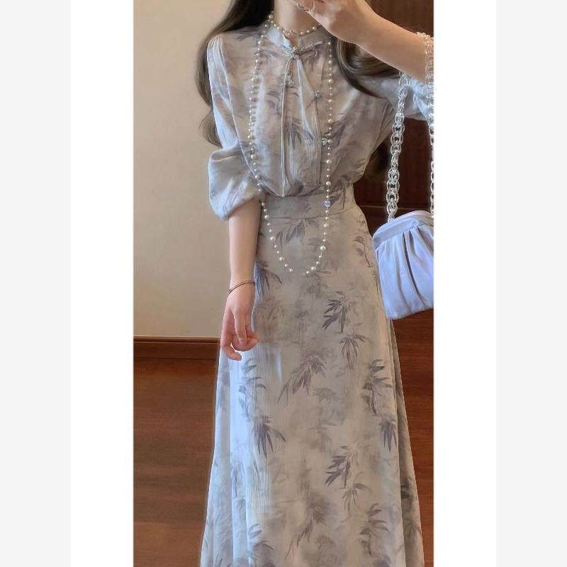 清冷松弛感穿搭套装新中式休闲慵懒风复古碎花衬衫半身裙两件套女