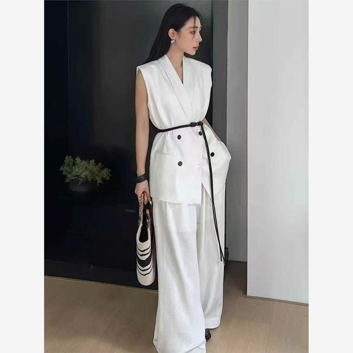 气质翻领马甲外套高腰直筒阔腿裤棉麻套装女2025新款系腰带两件套
