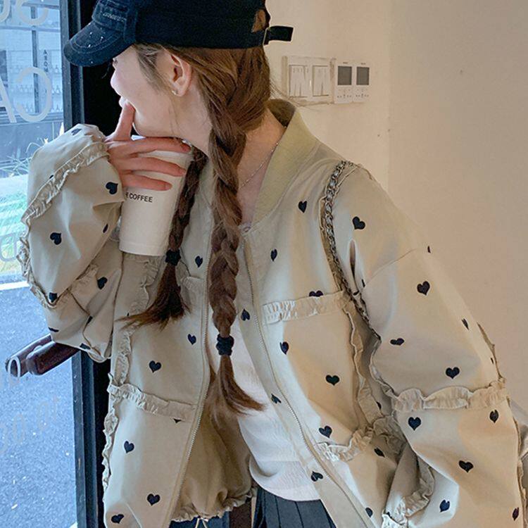 2025新款木耳边爱心棒球服女外套春季韩版宽松短款小个子夹克上衣