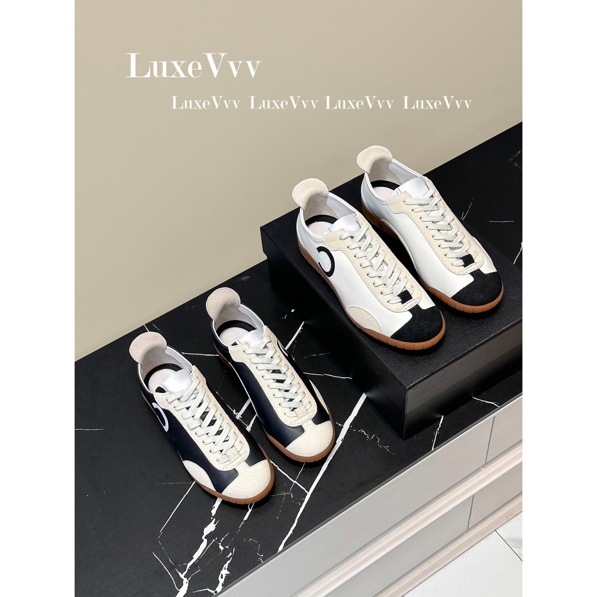 LuxeVvv/品质升级！黑白拼色德训鞋女系带平底休闲运动鞋百搭板鞋