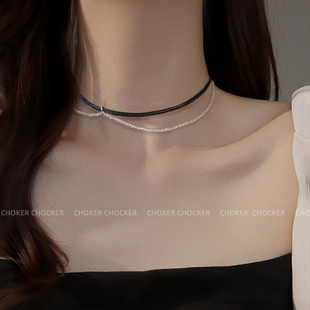 S925纯银极简百搭黑色双层链条choker颈链项圈女短款锁骨链颈带