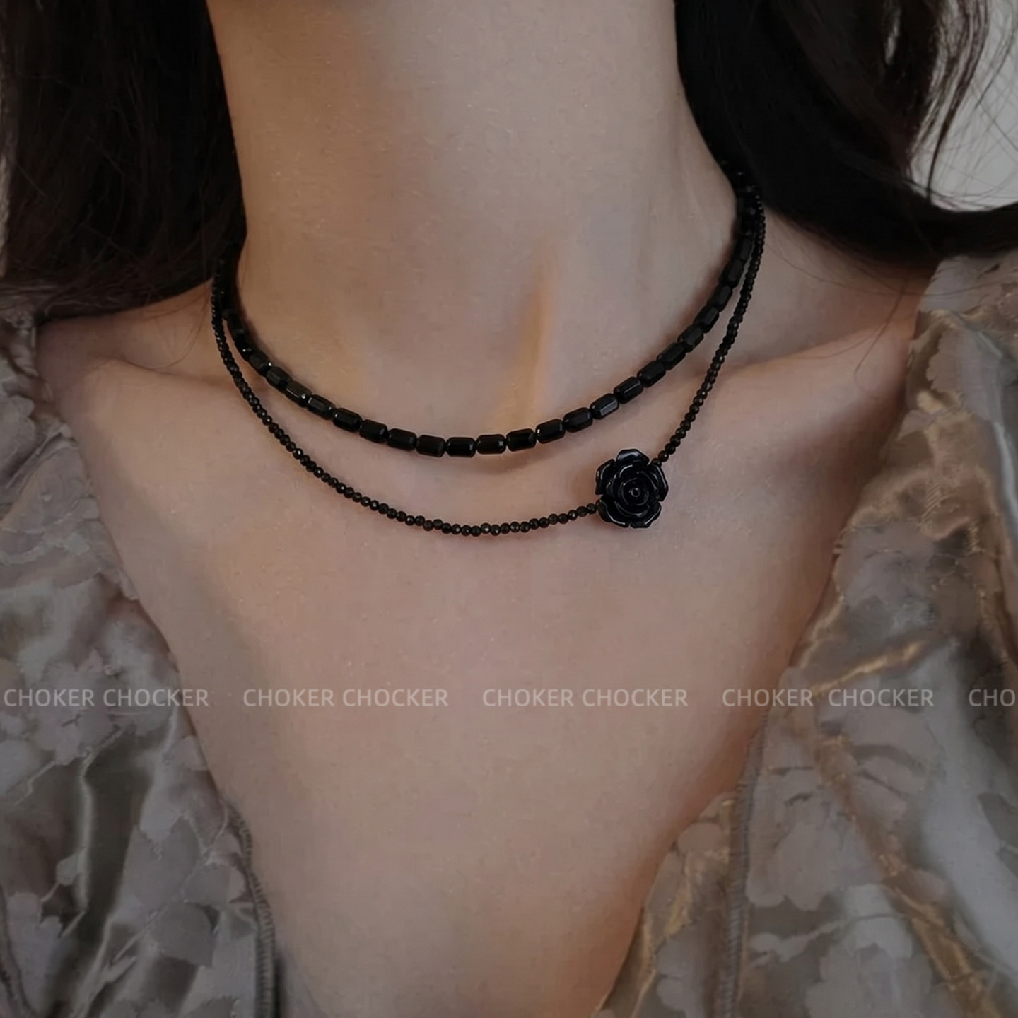 s925纯银黑玫瑰花串珠双层项链锁骨链女小众设计时尚复古钛钢配饰