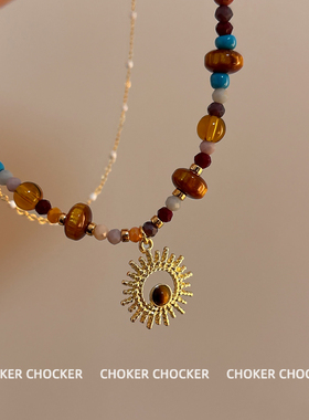 复古太阳花串珠项链高级感