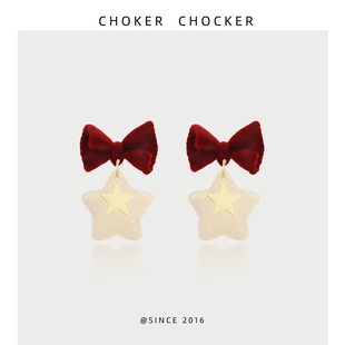 CHOKER CHOCKER红色蝴蝶结星星耳环女气质公主风耳饰无耳洞耳夹