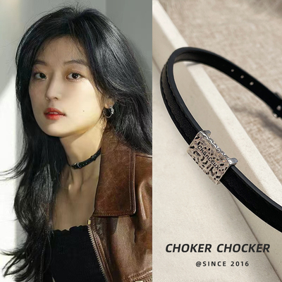 两戴黑色皮带choker项圈颈带