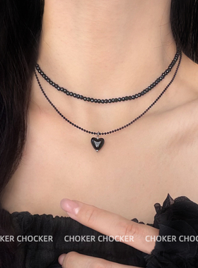黑色爱心水晶串珠choker双层项链