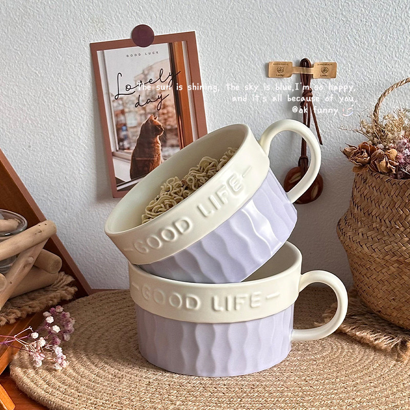 高颜值陶瓷泡面碗带盖餐具套装手柄碗个人专用一人食餐具上班碗具