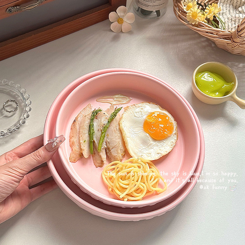 可爱少女心陶瓷盘子家用菜盘漂亮餐盘牛排意面盘蒸盘圆盘减肥餐盘