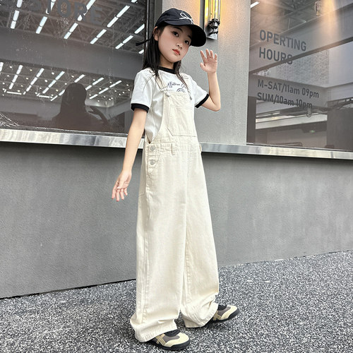 女童白色背带裤宽松洋气休闲裤