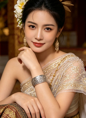 复古民族风做旧苗银开口宽手镯女