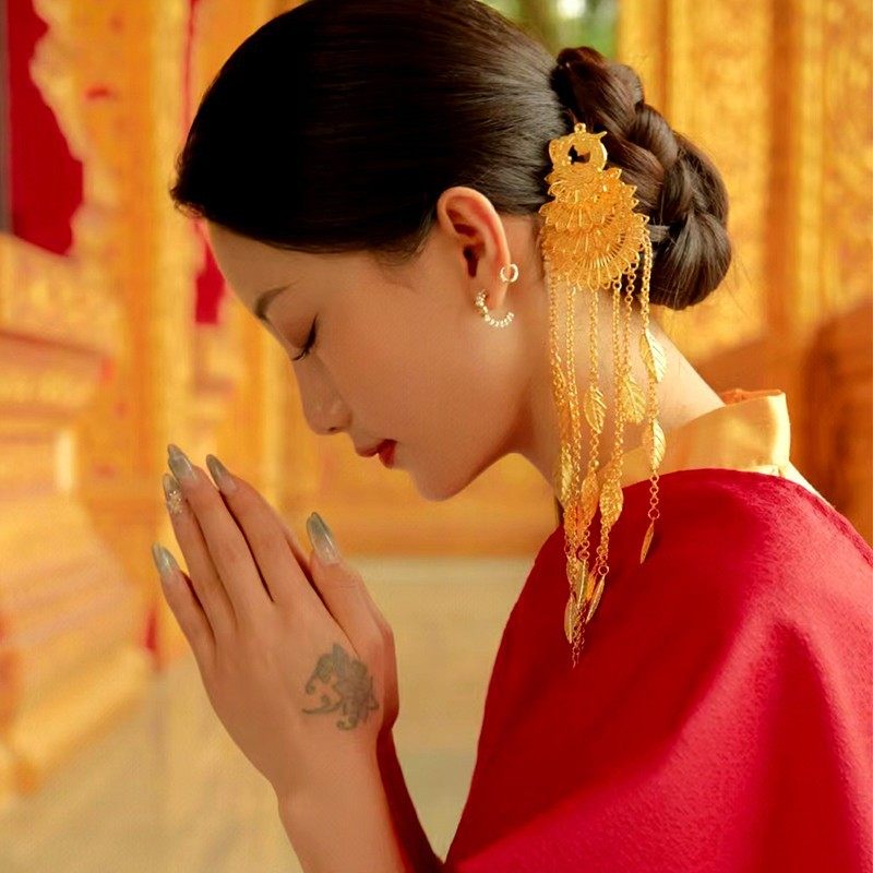 云南傣族孔雀金色舞蹈头饰泰国民族风手饰发簪女演出服装配饰影楼