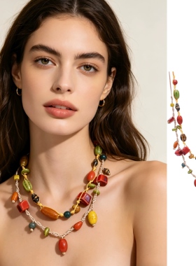 欧美大牌夸张复古撞色多层项链女
