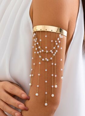 异域风珍珠流苏开口臂镯波西米亚白色串珠手环民族敦煌旅拍手饰女