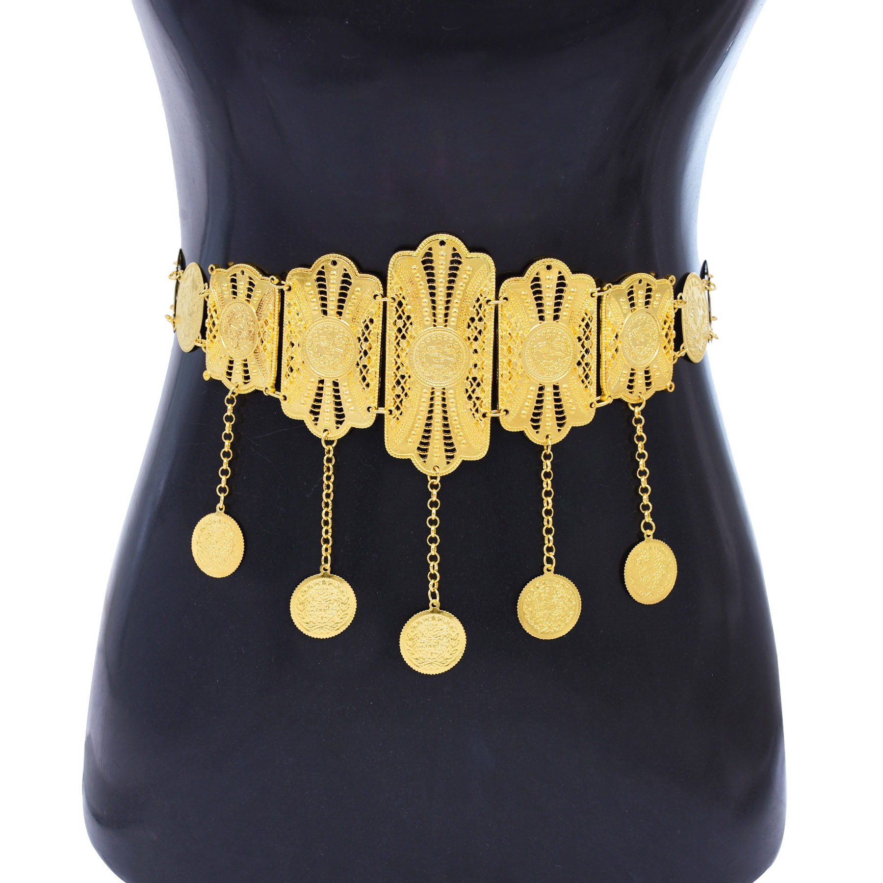 金色镂空复古钱币流苏合金腰链女