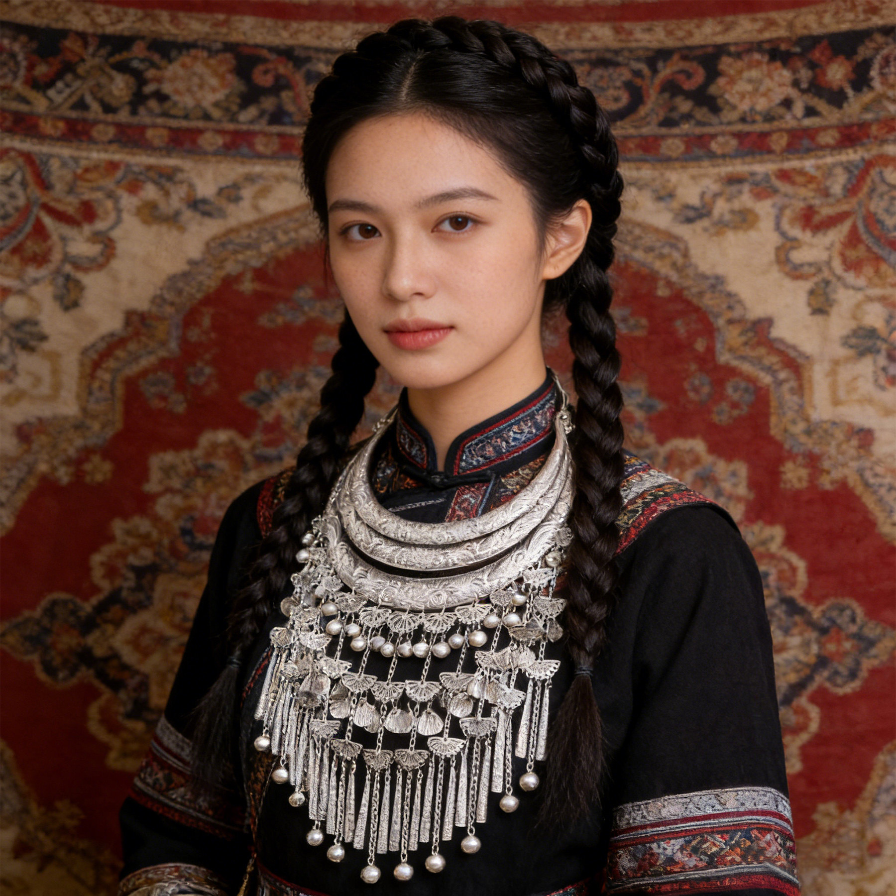 异域风多层苗银铃铛流苏大项圈侗族彝族合金项链苗疆少女写真项饰