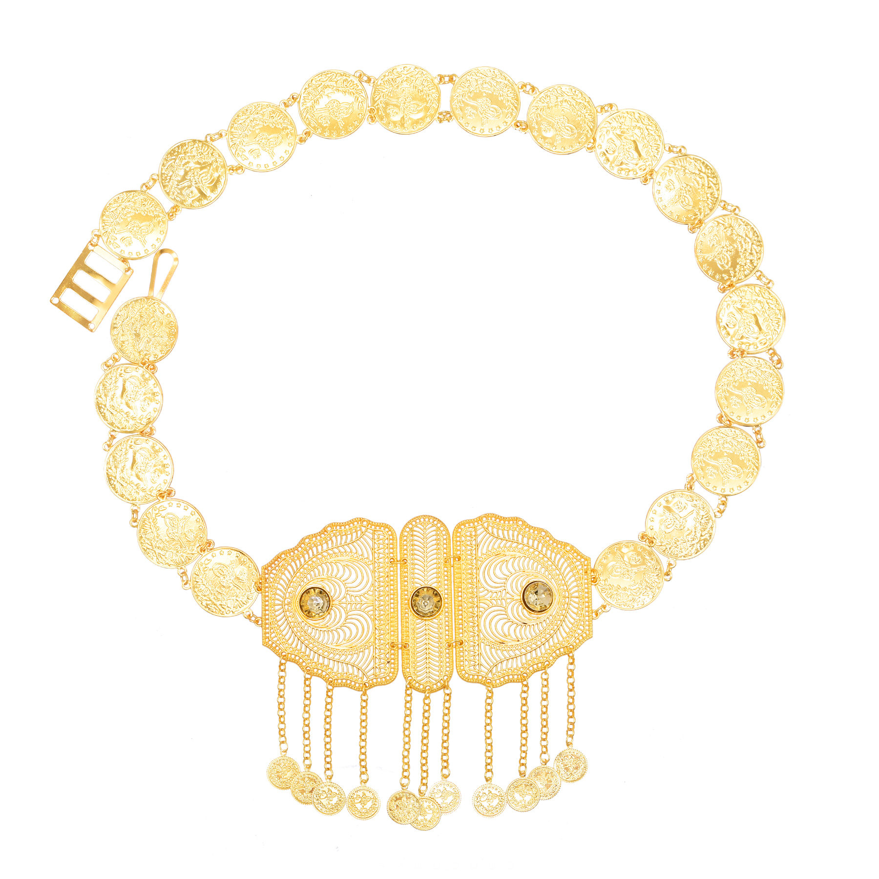 欧美新款夸张镂空水钻钱币流苏腰链民族风金色身体链敦煌旅拍腰饰