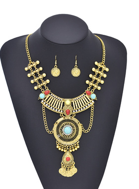 欧美复古气质流苏项链金色松石