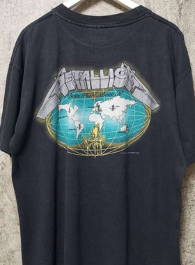 金属乐队Metallica周边古着小领口短袖潮牌高街oversizeT恤男女