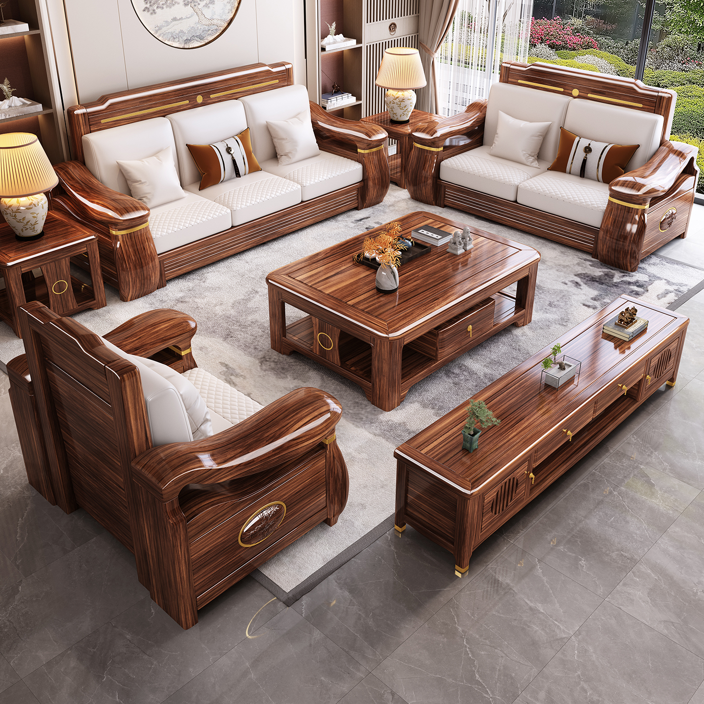 新中式乌金木全实木沙发组合冬夏两用高端客厅中国风储物别墅家具