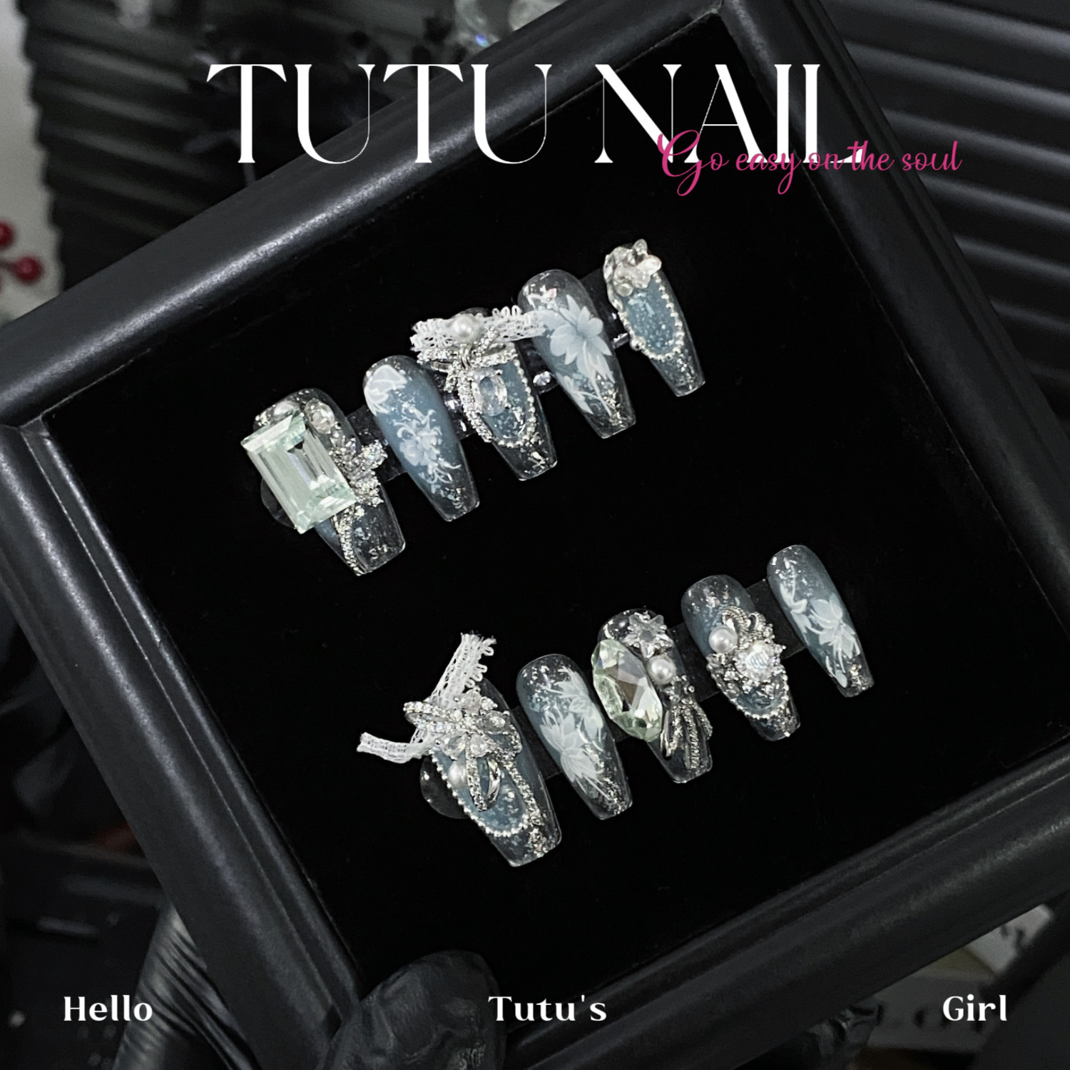 【海盐薄荷】TUTU NAIL手工穿戴美甲重工短蓝色温柔高级日常蕾丝