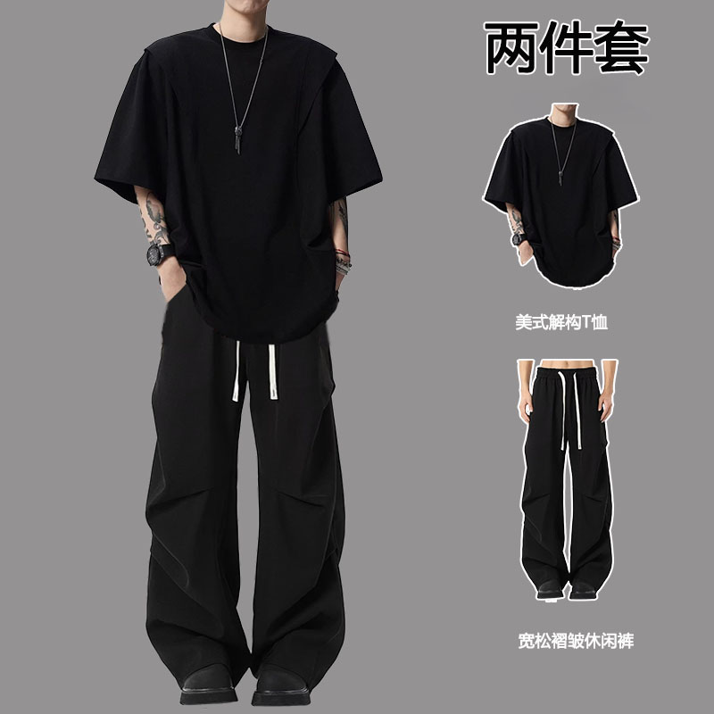 ins男生暗黑风套装夏季美式解构短袖T恤潮流一套搭配痞帅气两件套