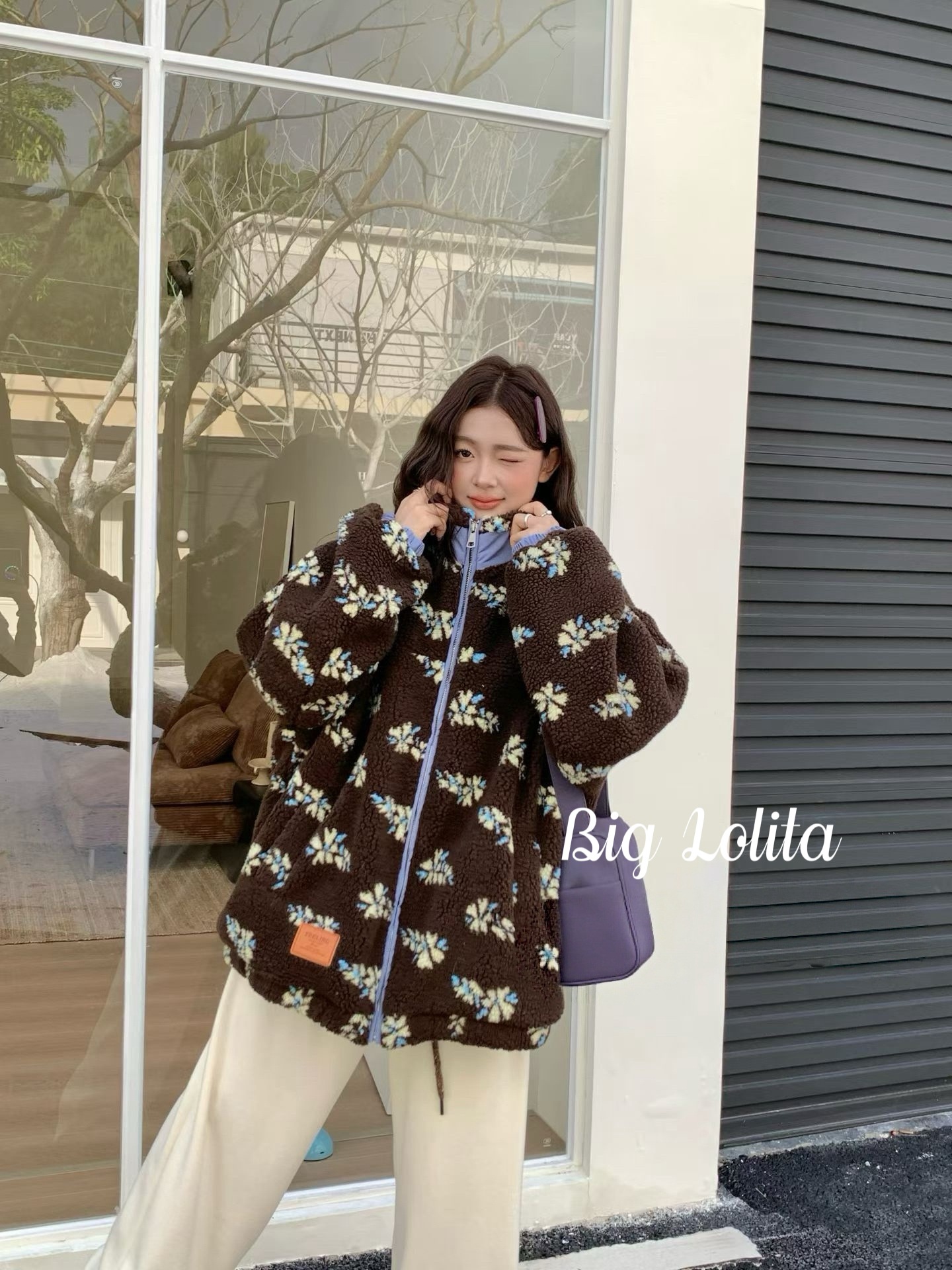 【雪屋森林】大码花朵仿羊羔毛立领毛绒外套女冬复古宽松上衣胖MM