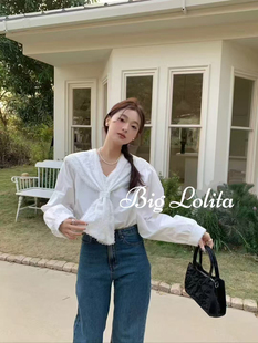 大萝莉大码微胖mm法式蕾丝花边海军领衬衫春季韩版显瘦衬衣200斤