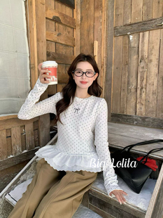 【泡泡奶霜】大码波点花边打底衫冬季蕾丝下摆加绒内搭上衣胖MM