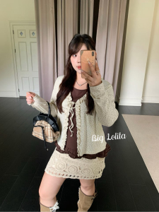 大码撞色假两件上衣女胖mm长袖波点蕾丝木耳边棕色内搭遮肉秋季