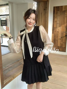 【柔珠小姐】法式小香风大码胖MM秋季气质衬衫背心连衣裙两件套