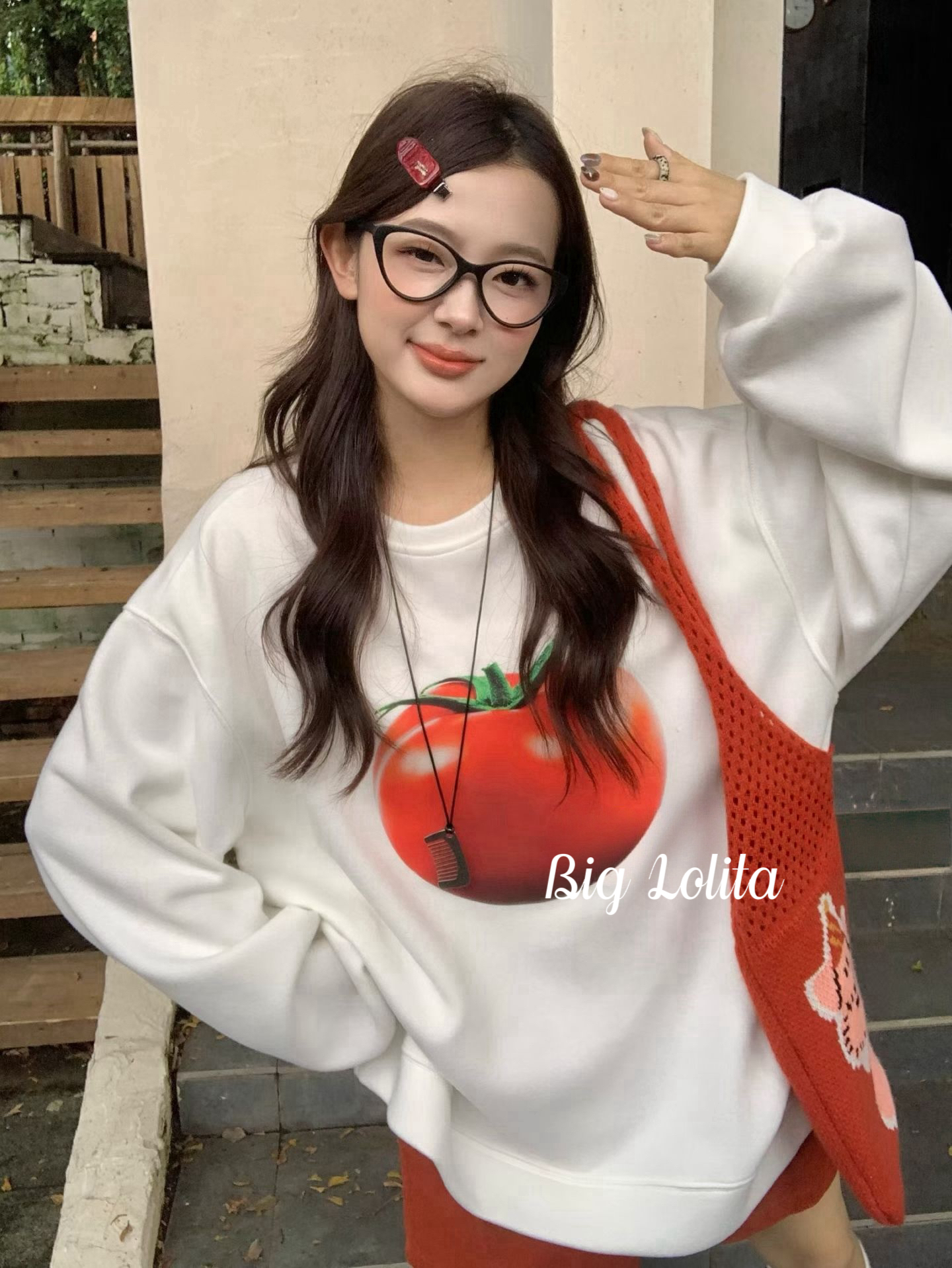 蔬果印花大萝莉大码微胖女纯棉卫衣显瘦宽松设计感长袖上衣胖MM