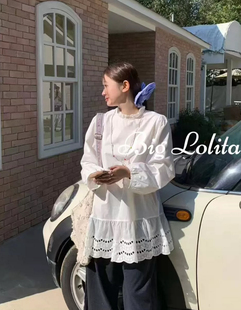 衬衫 胖mm韩系微胖蕾丝拼接宽松韩系显瘦长款 白茶衬衫 女 大码