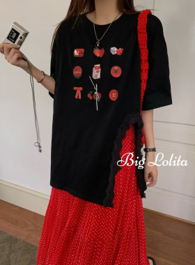 【苹果妹妹】大码可爱卡通印花短袖T恤长裙两件套胖MM显瘦上衣女