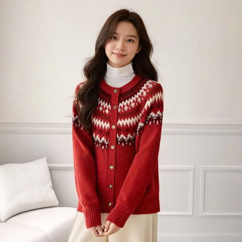 费尔岛风红色毛衣女2025冬季新款宽松开衫针织衫圆领纽扣保暖长袖,女装/女士精品,毛针织衫,淘宝优惠券,粉丝福利购,淘宝优惠卷