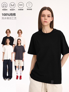 UNF 棉麻面料磨破做旧洗水美式vintage圆领tee短袖T恤男2025春夏