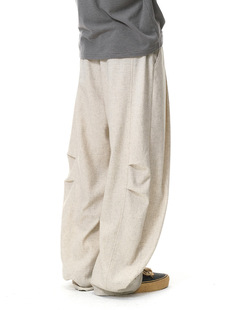 UNF 亚麻阔腿裤2025秋季新品潮牌美式宽松纯色男士老钱休闲长裤