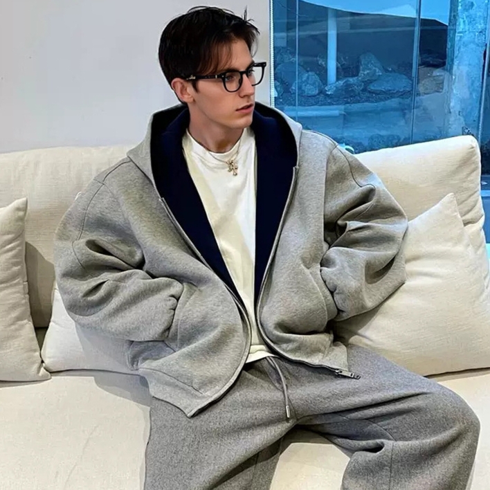 UNF 1000G重磅双拉链开衫卫衣秋冬新品美式廓形撞色连帽外套男女