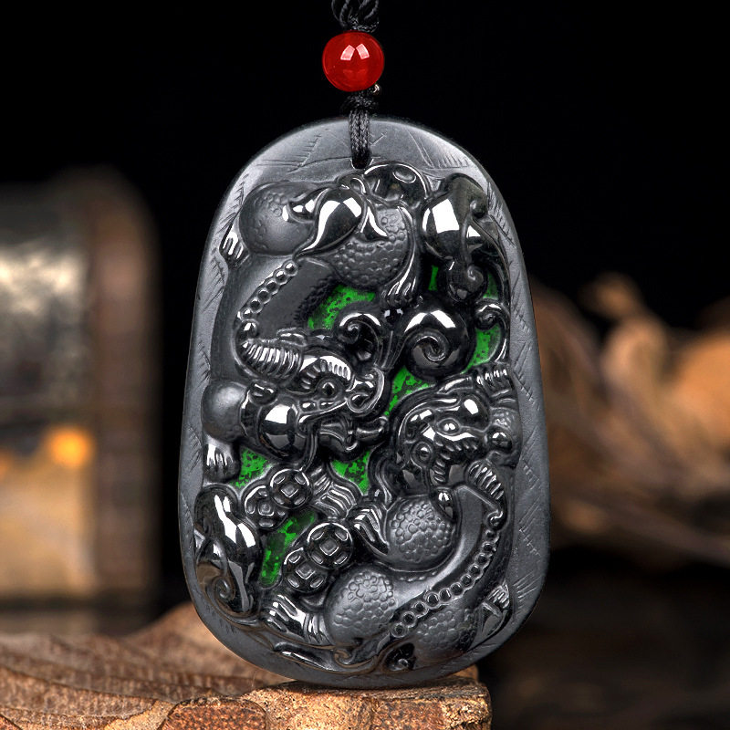 天然A货翡翠墨玉招财双貔貅冰种玉石吊坠皮丘挂件男女款颈饰玉坠