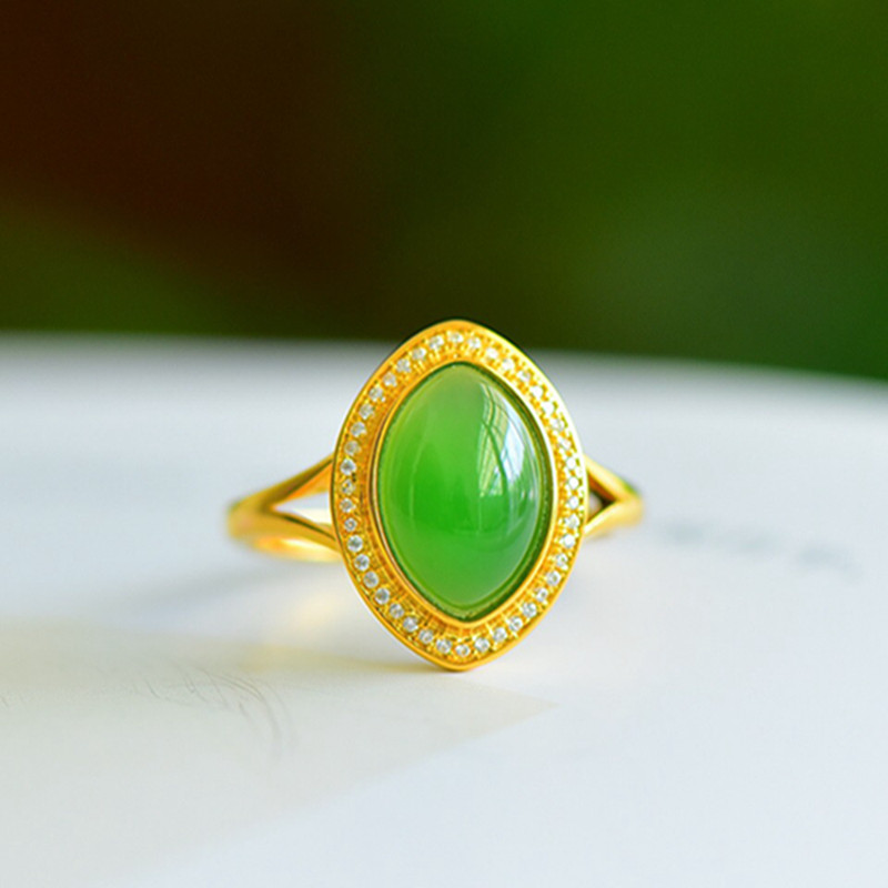 精品时尚925银和田玉碧玉猫眼玉石戒指女款百搭潮戒带证书 送女友