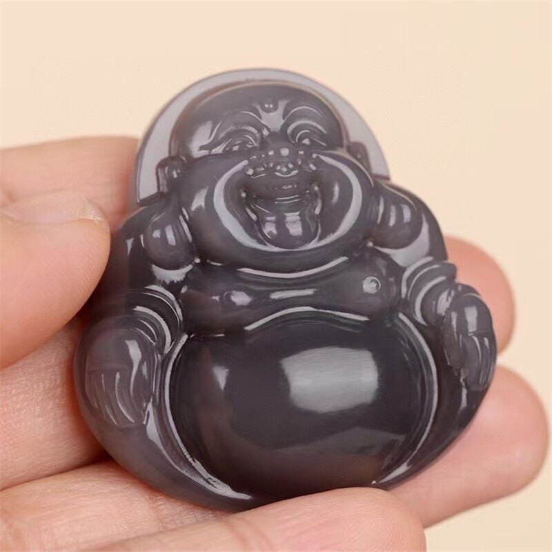 烟灰色弥勒佛玉石吊坠挂件女款颈饰项坠玉佩挂坠自带送礼