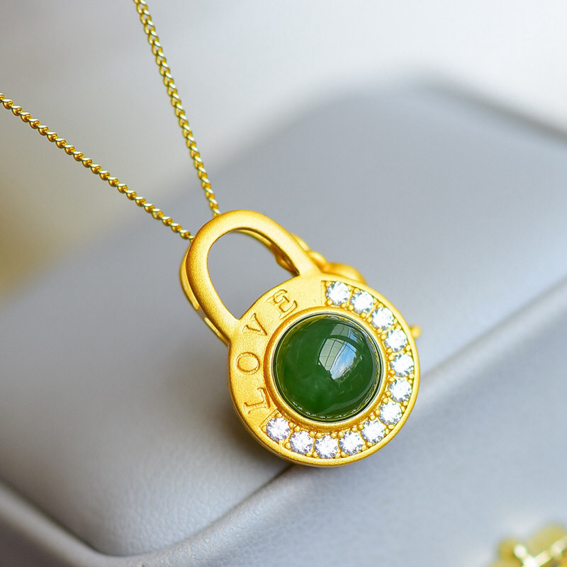s925银镶和田玉碧玉圆蛋面吊坠钥匙锁玉坠玉佩挂件送女友节日礼物