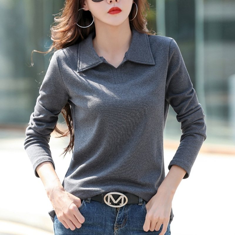纯棉polo翻领打底衫女2025秋冬新款修身百搭保暖洋气上衣t恤外穿