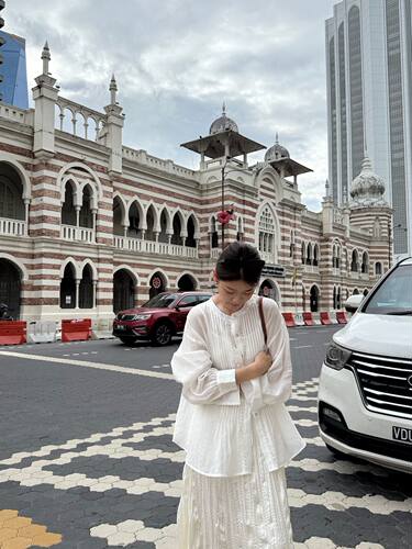 8030solu夏新款圆领单排扣拼接风琴褶苎麻衬衫显瘦减龄洋气小衫