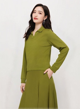 丝毛女士纯色小V领长袖Polo衫 简约 休闲 宽松