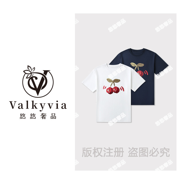 【Valkyvia/悠悠奢品】樱桃印花短袖 时尚休闲圆领百搭T恤SS26065
