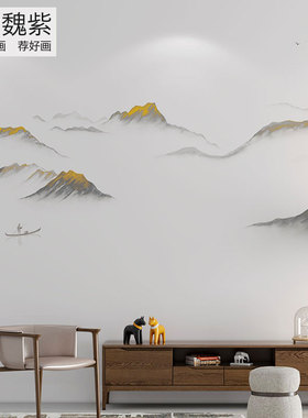 现代机绣花灰色底素雅山水刺绣酒店背景墙布订制高清金线苏绣工艺