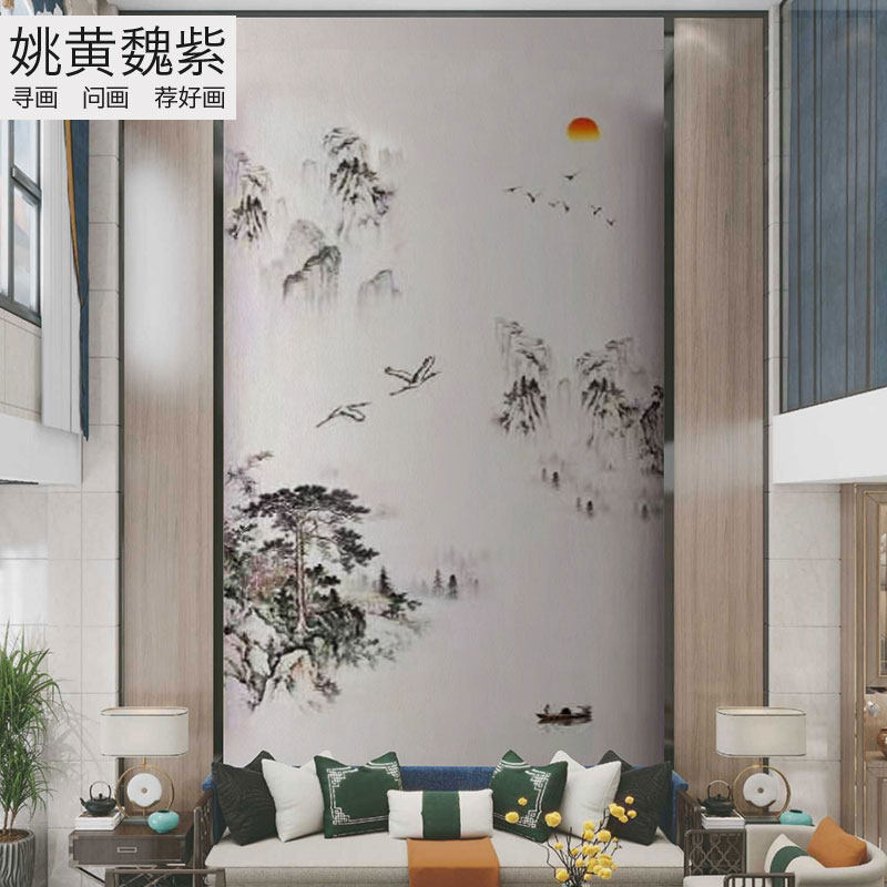 中空豪宅二层楼黑白山水旭日东升全苏绣墙布酒店大堂大厅独幅壁画