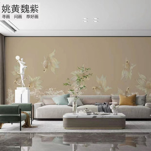 中式鱼水纹壁布纵向寓意顺风顺水年年顺遂茶室床头背景墙来图定制