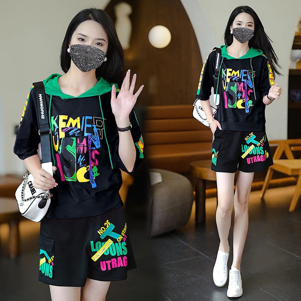 夏装短装新款时尚洋气连帽休闲运动套装女宽松短袖短裤搭配一整套