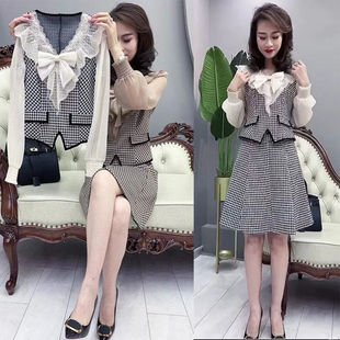气质长袖 胖mm新款 裙女春夏装 千鸟格休闲套装 半身裙两件套宽松 时尚